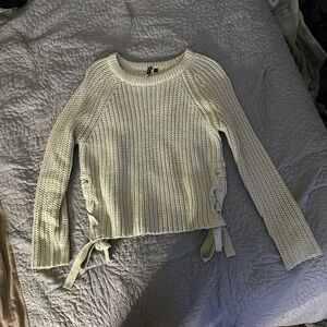 Poof! Gray Ribbed Crew Neck Sweater with Side Tie